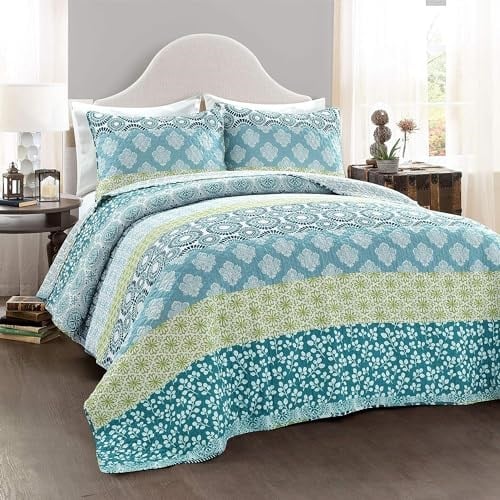 Lush Decor Bohem Çizgili, Pamuk, Mavi ve Yeşil, kral - Seçenekler: Twin-XL, Full/Queen, King, Tam / Queen, Yorgan, Yorgan Seti