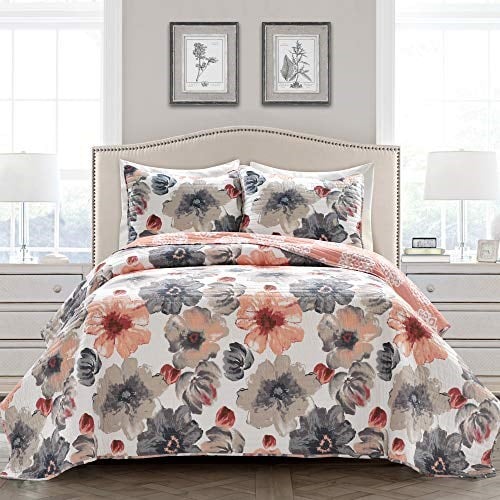 Lush Decor Leah Yorgan Çiçekli 3 Parça Ters Çevrilebilir, Tam/Kraliçe, Mercan ve Gri - Seçenekler: Full/Queen, King, Queen, Sayfalar, Yorgan Seti