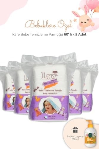 Lux Bebe Temizleme Pamuğu Kare 60' lı x 5 Adet ve Bebek Losyonu