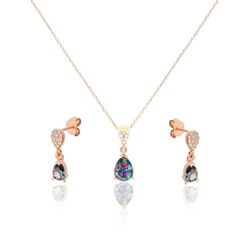 Madam&Matmazel Mistik Topaz Gümüş Kadın Takı Seti | 925 Ayar Gerçek Gümüş (Pembe Altın), Küpe, Kolye
