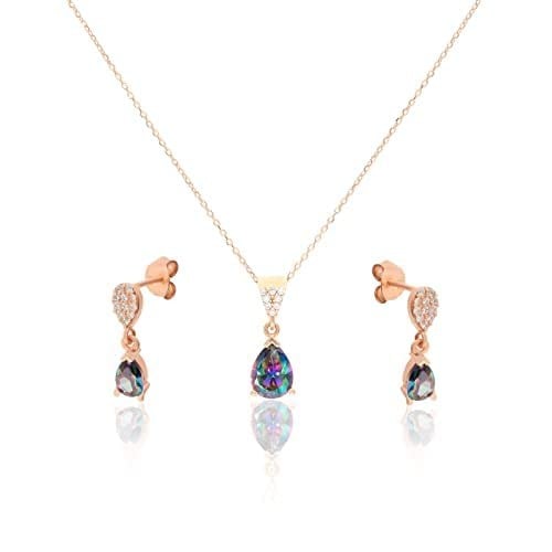 Madam&Matmazel Mistik Topaz Gümüş Kadın Takı Seti | 925 Ayar Gerçek Gümüş (Pembe Altın), Küpe, Kolye