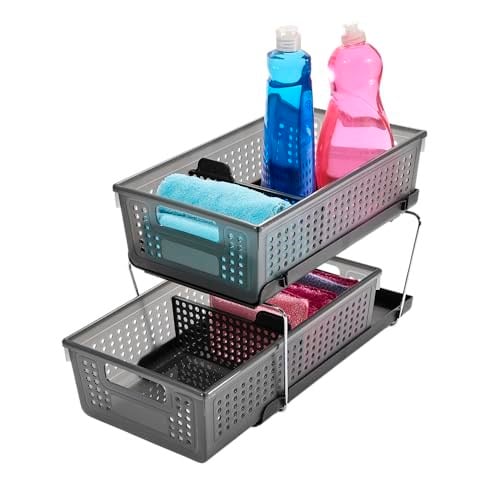 madesmart 2 Katlı Düzenleyici Bölücülü - Banyo Koleksiyonu Saplı Kaydırmalı Sepetler, Yer Tasarrufu, Çok Amaçlı Depolama ve BPA İçermez, Büyük, Karbon