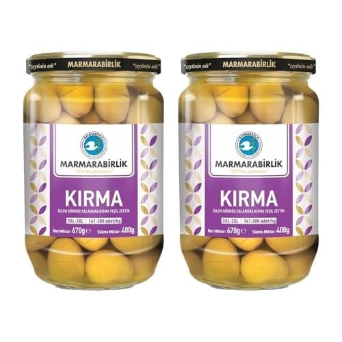 MarmaraBirlik Yeşil Kırma Zeytin, Cam Kavanoz, 400g, 3XL-2XL Boy, 2 Adet