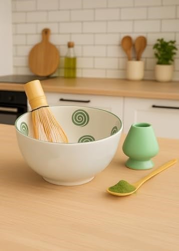 MATCHİVA Seramik Matcha Çay Seti, 4 Parça, Yeşil Boyalı, Geleneksel Japon Tasarımı, Bambu Çırpıcı ve Stand, 290cc Kase