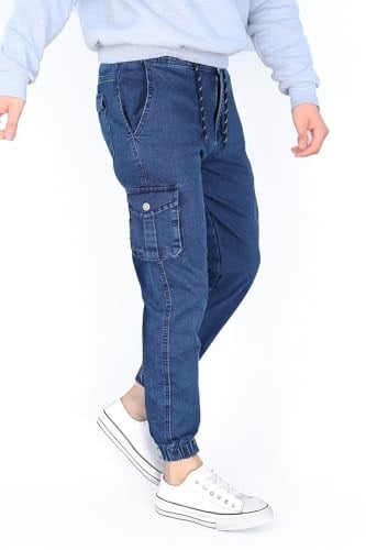 Mavi Kot Kargo Pantolon - Likralı Mavi Kargo Pantolon - Erkek Outdoor Pantolon - Erkek Kot Pantolon