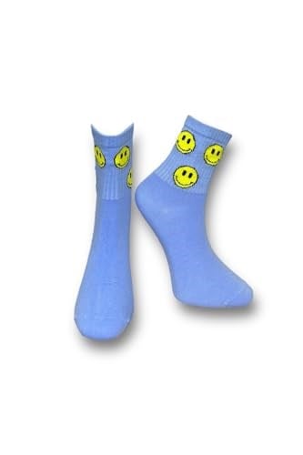 Me-vo Tekli Mavi Bay/Bayan Unisex Esnek Nem Alabilen Pamuklu Emoji Desenli Soket Çorap