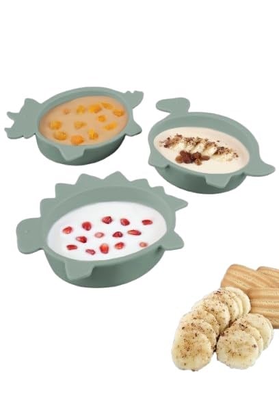 Meleni Baby 3'lü Hayvan Figürlü Silikon Bebek Mama Kasesi Seti - Şekilli Bebek Beslenme Kasesi Yeşil