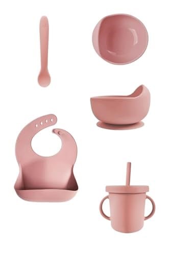 Meleni Baby 4'lü Silikon Beslenme Seti - Mama Önlüğü - Vakumlu Mama Kasesi - Pipetli Bardak - Kaşık - Pembe