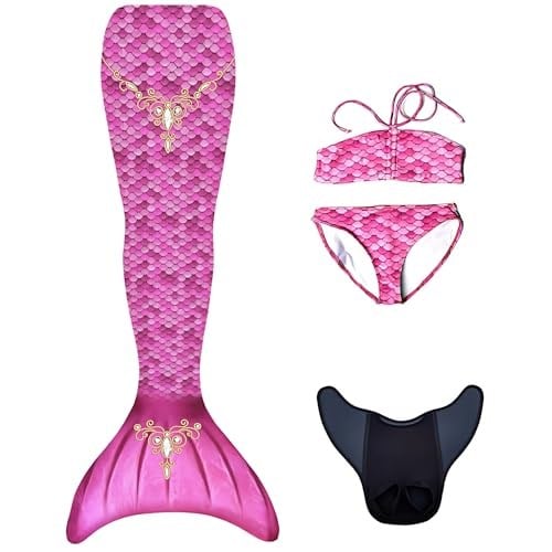 Mermaids Prenses Deniz Kızı Bikini Kostüm Seti, 4'lü Takım, Pembe,%80 Polyester,%20 Elastan, 3D Pullu, Monofin Destekli ve Kuyruk Detaylı, Yaş Seçeneği