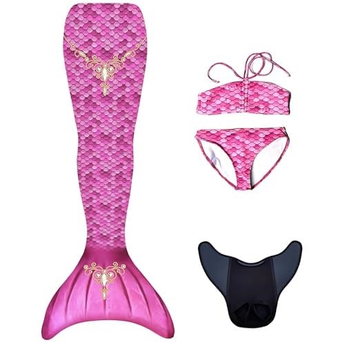 Mermaids Prenses Deniz Kızı Bikini Kostüm Seti, 4'lü Takım, Pembe,%80 Polyester,%20 Elastan, 3D Pullu, Monofin Destekli ve Kuyruk Detaylı, Yaş Seçeneği