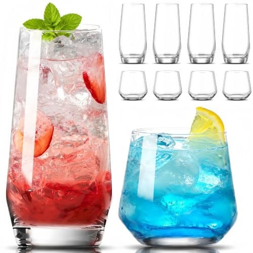Mfacoy İçecek Bardağı Seti 8-4 Uzun Cam Bardak 500 ml ve 4 Kısa Sapsız Şarap Kadehi 368 ml, Highball Bardakları, Kokteyl, Bira, Şarap, Viski, Su ve Meyve Suyu İçecekleri için Cam Setleri