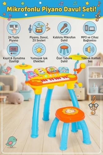 Mikrofonlu Işıklı Sesli Çocuk Oyuncak Piyano Davul Seti - Tabureli 24 Tuşlu Eğitici Müzik Aleti