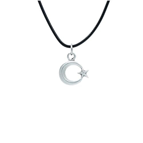Minimal Ay Yıldız Deri ip Kolye - Gümüş Kaplama - Kadın Erkek Kolye - No:1003
