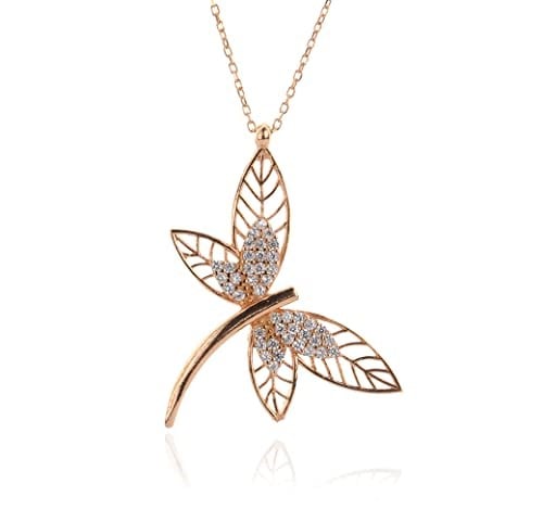 MM Madam&Matmazel Kadın Modası Madam Matmazel Yusufçuk Rose Kolye, Kübik Zirkon (CZ) 925 Ayar Gümüş, Dragonfly, Kız, Arkadaş, Anne, Hediye