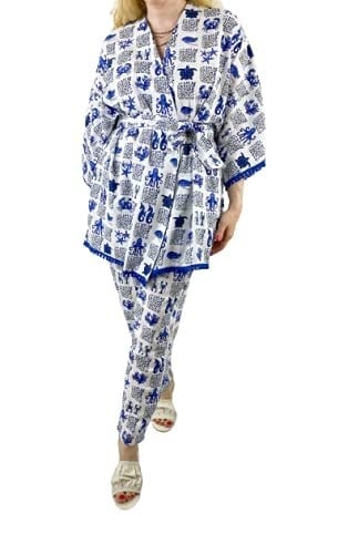 Modaonna Deniz Desenli Keten Kimono Pantolon Takım