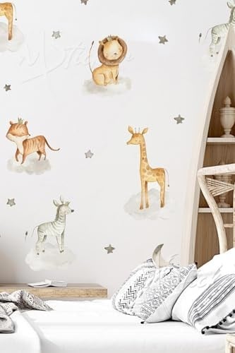 MSticker-Sevimli Safari Hayvanları Ve Gri Yıldızlar Çocuk Bebek Odası Cam Duvar Sticker Seti