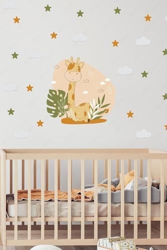 MSticker-Soft Renklerde Sevimli Zürafa Ve Yıldızlar Çocuk Odası Sticker Seti