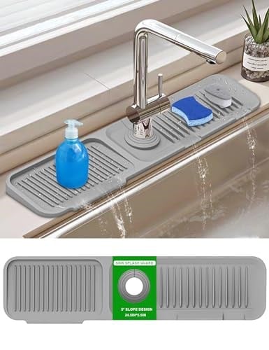 Mutfak Evyesi Sıçrama Koruması, Mutfak Evyesi için 5 ° Eğim Boşaltma Matı, 24 inç Lavabo Bataryası Mat, Silikon Lavabo Bataryası Mat Sıçrama Koruması, Mutfak için Lavabo Aksesuarları, Mutfak Lavabo