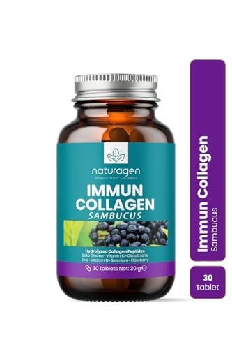 Naturagen Immun Collagen 30 Tablet Bağışıklık Güçlendirici Hidrolize Kolajen Peptitleri Tip 1 3 + B. Glukan + Vitamin A B6 B12 C D E + Glutatyon + Çinko Takviyesi (30 Tablet, Sambucus(Karamürver))