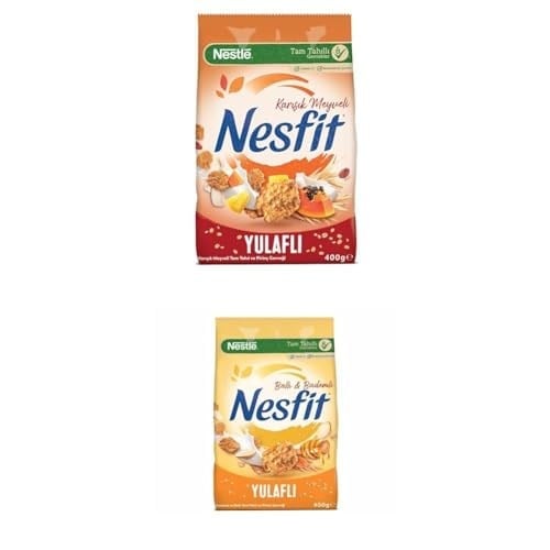 Nestlé Nesfit Tam Tahıllı Karışık Meyveli Mısır Gevreği, 400 g & Nestlé Nesfit Ballı ve Bademli Tam Tahıl ve Pirinç Gevreği 400 g