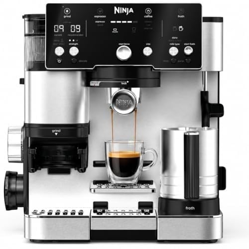 Ninja Luxe Essential 2'si 1 arada kahve makinesi, latte, cappuccino ve espresso makinesi, entegre fasulye değirmeni ve süt köpürtücü, kullanımı kolay kahve makinesi, 2 önceden ayarlanmış modlu süt