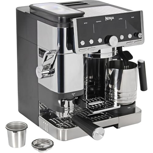 NINJA Luxe Pro 3'ü 1 arada kahve makinesi, Latte, Cappuccino, soğuk demleme ve espresso makinesi, entegre tahıl öğütücü ve süt köpürtücülü, kullanımı kolay, 5 ön ayar köpük, gümüş, ES701EU