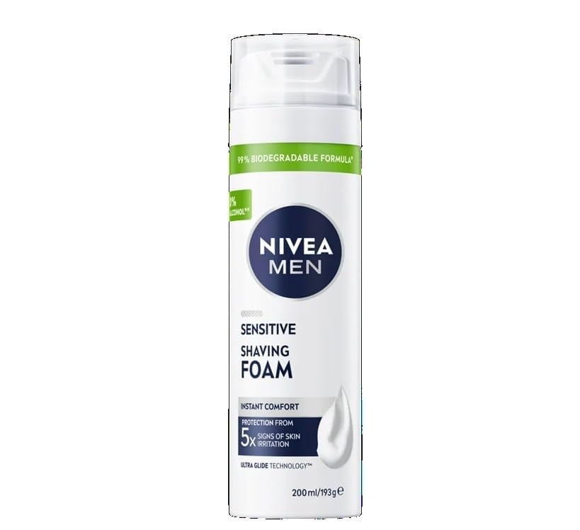 NIVEA MEN Erkek Hassas Tıraş Köpüğü 200 ml, Hassas Ciltlere Özel Hızlı Koruma, Yanma Karşıtı, Alkolsüz Formül