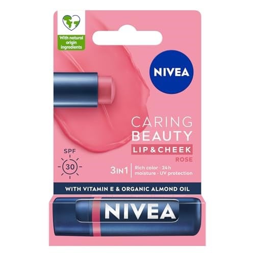 NIVEA Rose Renkli Nemlendirici Dudak Bakım Kremi 4.8gr, SPF30, Allık Etkisi, Dudak ve Yanaklar, E Vitamini