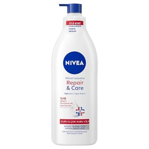 NIVEA Yoğun Nemlendirici Repair & Care Vücut Losyonu 400ml, 72 Saat Nemlendirime, Kaşıntılı ve Hassas Ciltlere Özel, Onarıcı, Gliserin,Pro Vitamin B5,Niasinamid,Kuru Ciltler
