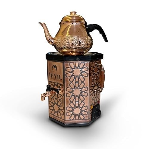 Nostaljik Elektrikli Bakır İşlemeli Çay Semaveri - 3 Litre (Bakır Demlik Hediyeli)