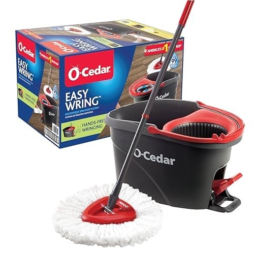 O-Cedar EasyWring Mikrofiber Spin Mop, Kovalı Zemin Temizleme Sistemi, Kırmızı, Gri