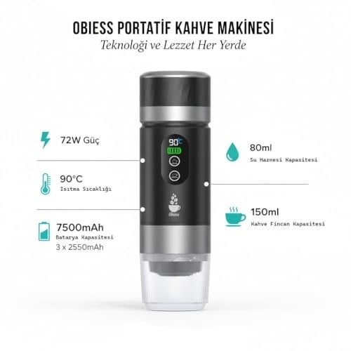 Obıess Taşınabilir Espresso Kahve Makinesi Siyah Şarjlı Kapsül ve Öğütülmüş Kahve ile Uyumlu V3