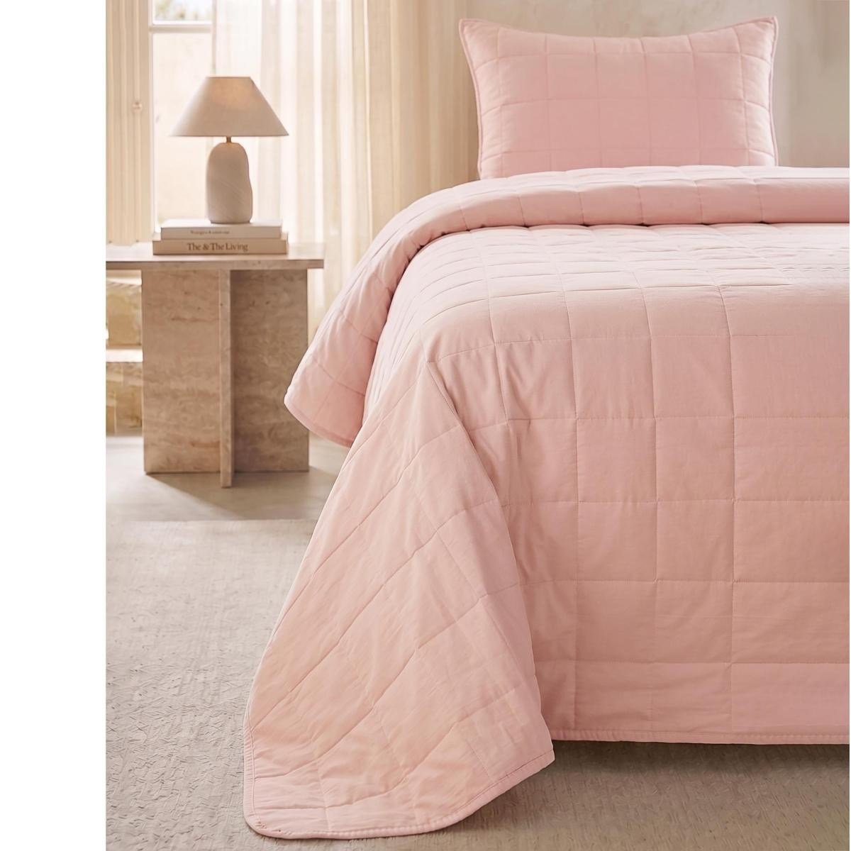 Ocean Home Textile %100 Pamuk Kumaş Kapitoneli Pembe Çok Amaçlı Tek Kişilik Yatak Örtüsü Seti 1 Adet 180 X 230 / 1 Adet 50 X 70 Cm