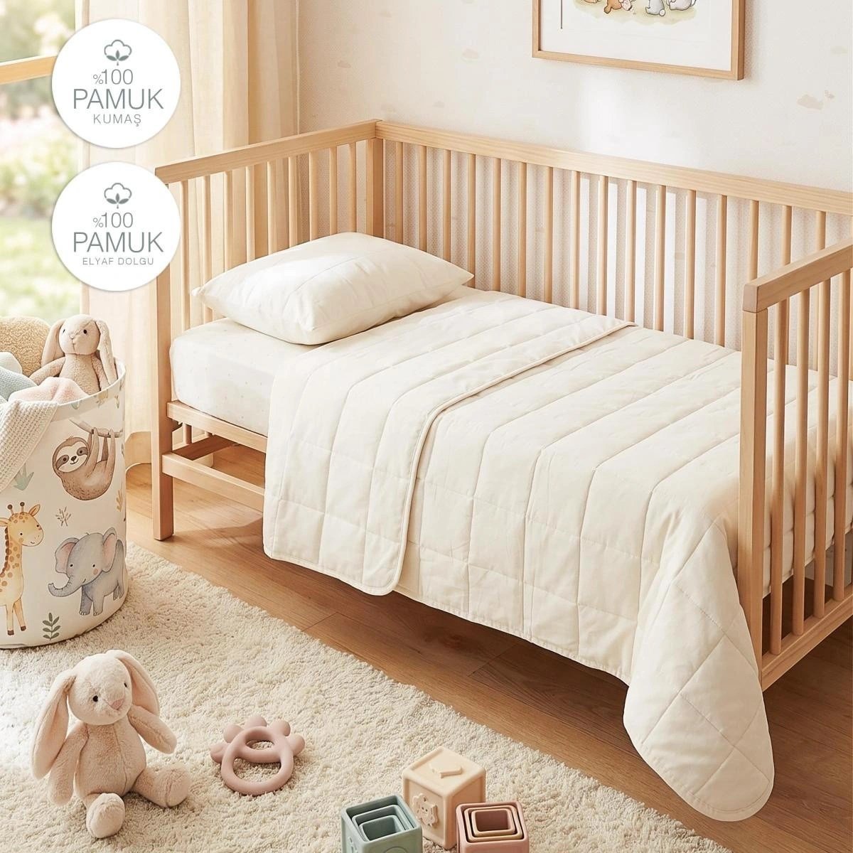 Ocean Home Textile %100 Pamuk Kumaş Kapitoneli Ekru Çok Amaçlı Bebek Yatak Örtüsü Seti 1 Adet 100 X 150 / 1 Adet 37 X 47 Cm