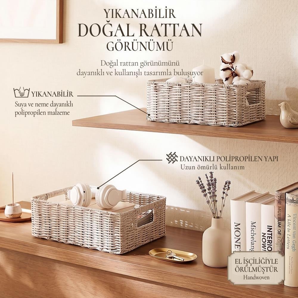 Ocean Home Textile 2'li Yıkanabilir Gri Pp Rattan Sepet Set 30 X 20 X 11 / 36 X 26 X 12 Cm