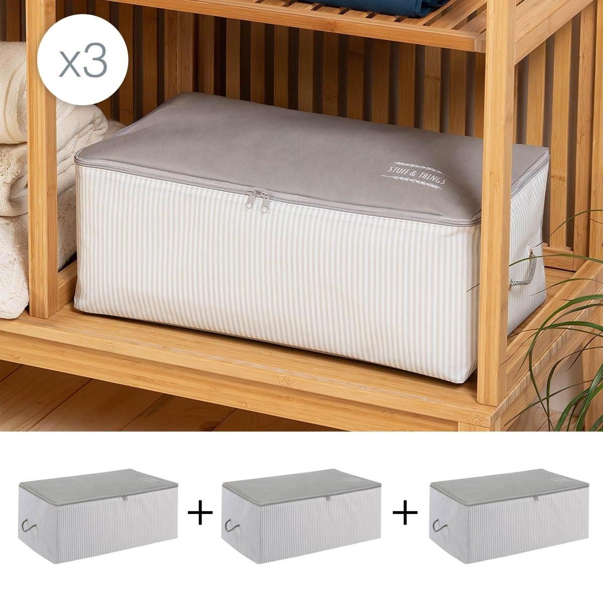 Ocean Home Textile 3'lü Orta Boy Gri Çizgili Stuff & Things Hurç Set 52 X 28 X 21 Cm