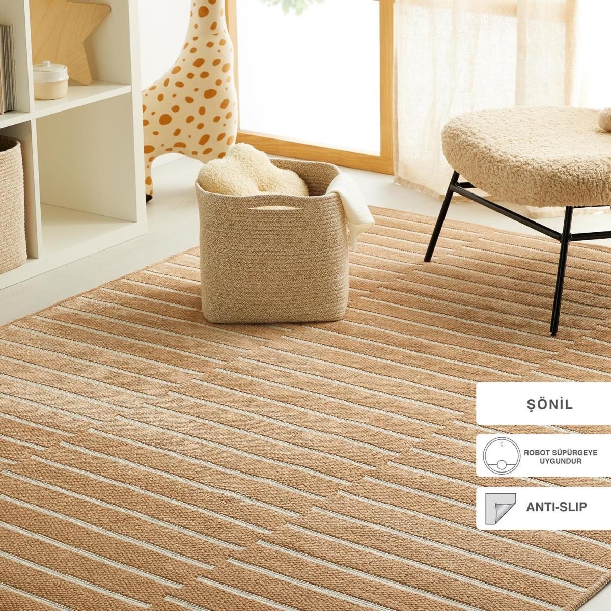 Ocean Home Textile Bej Renk Çizgi Desenli Şönil Halı Kilim 120 X 180 Cm