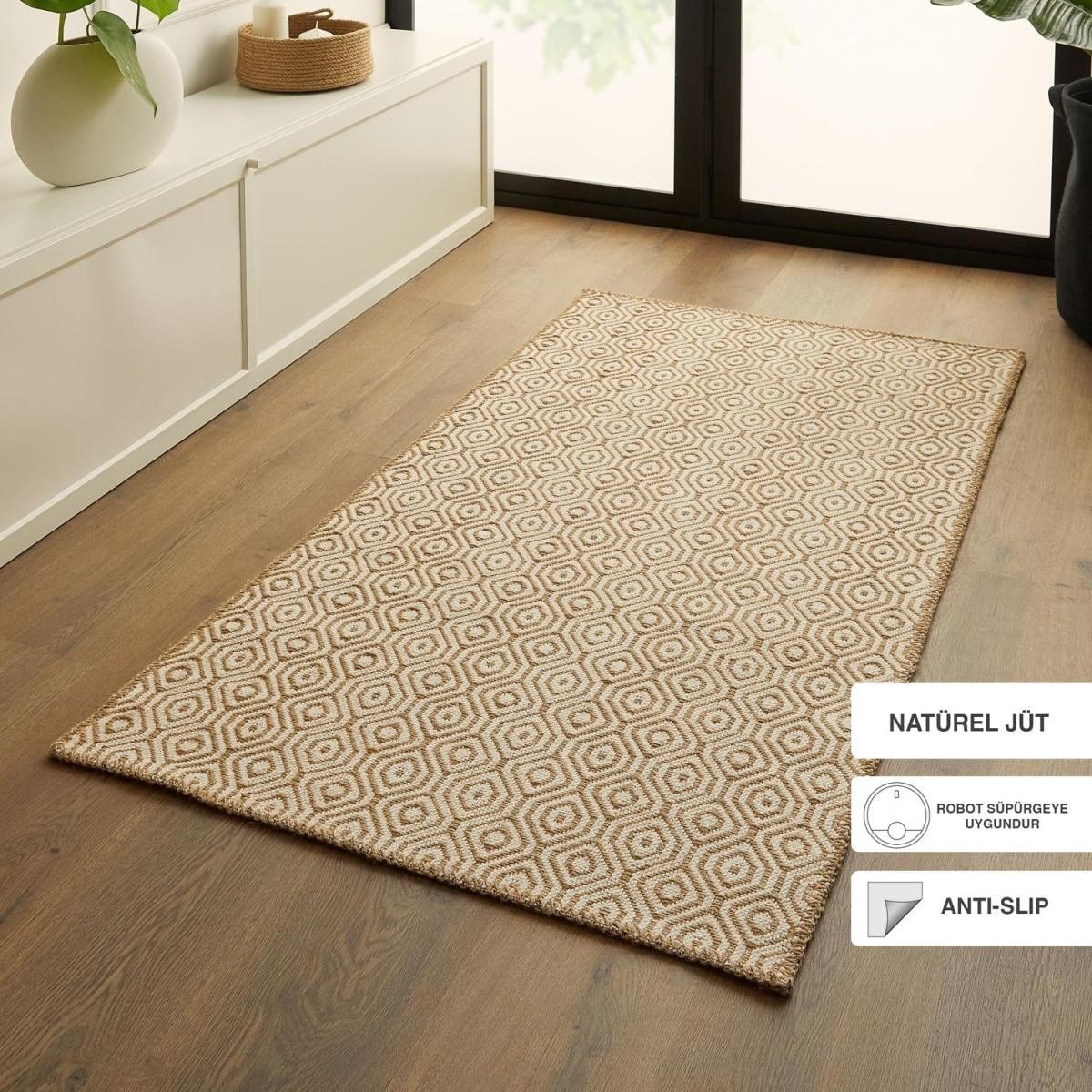 Ocean Home Textile Ekru Renk Karo Desenli Jüt Halı Kilim 80 X 150 Cm