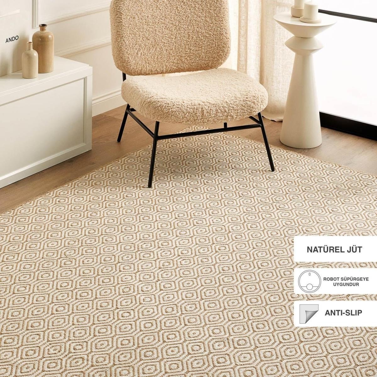 Ocean Home Textile Ekru Renk Karo Desenli Jüt Halı Kilim 120 X 180 Cm