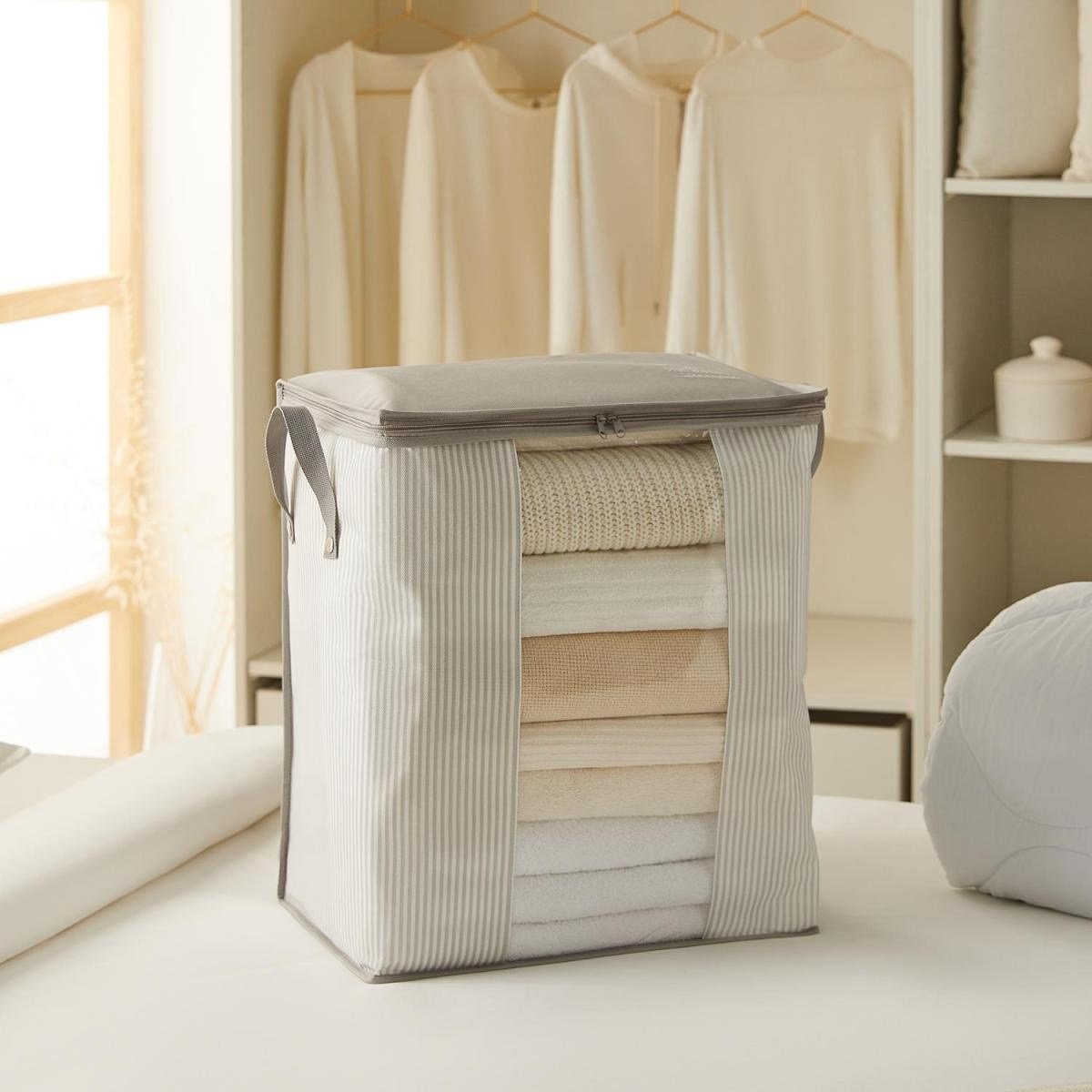 Ocean Home Textile Pvc Pencereli Gri Çizgili Stuff & Things Hurç 45 X 30 X 50 Cm
