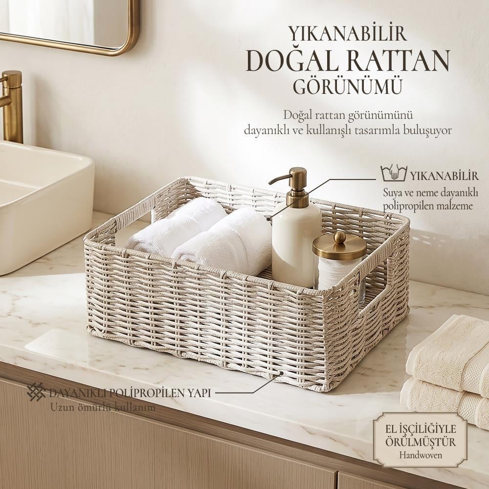 Ocean Home Textile Yıkanabilir Gri Pp Rattan Sepet 36 X 26 X 12 Cm