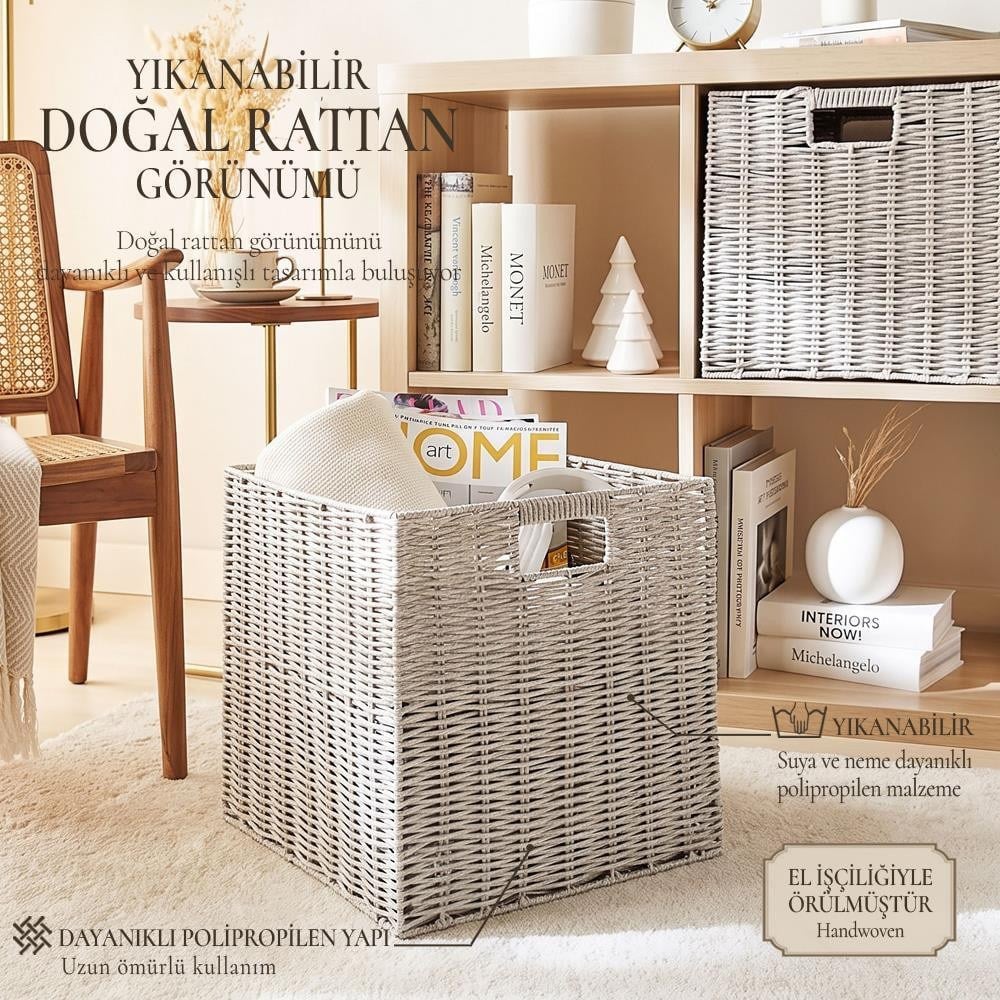 Ocean Home Textile Yıkanabilir Gri Pp Rattan Sepet 33 X 33 X 33 Cm