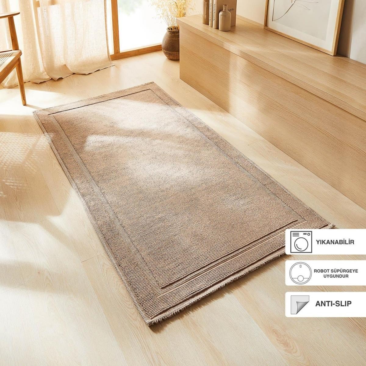 Ocean Home Textile Yıkanabilir Pamuklu Bej Renk Kilim 120 X 180 Cm