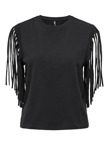 ONLY Kadın Siyah Püsküllü Kısa Kollu Bluz, M Beden