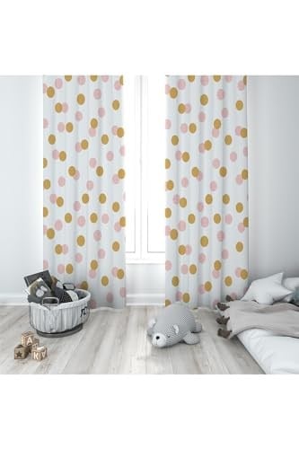 ontheclouds Beyaz Puantiyeli Dijital Baskı Bebek Çocuk Fon Perdesi, 70 x 270, FONPRD19, pembe-çizgili