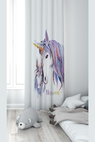 ontheclouds Unicorn Desenli Dijital Baskı Bebek Çocuk Fon Perde, 140 x 240, FONPRD11, beyaz-mor