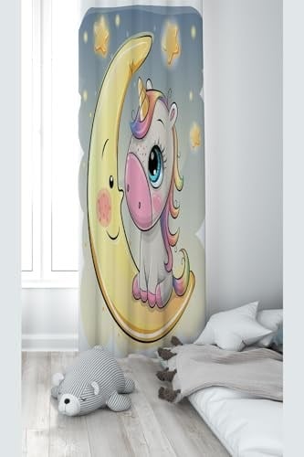 ontheclouds Unicorn ve Ay Desenli Dijital Baskı Fon Perdesi, 70 x 200, FONPRD15, sarı-gri