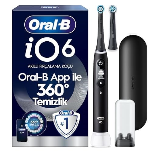 Oral-B iO6 Siyah Şarjlı/Elektrikli Diş Fırçası, 2 Fırça Başlığı, Uzun Ömürlü Pil, Premium Seyahat Kabı, Yedek Başlık Kabı