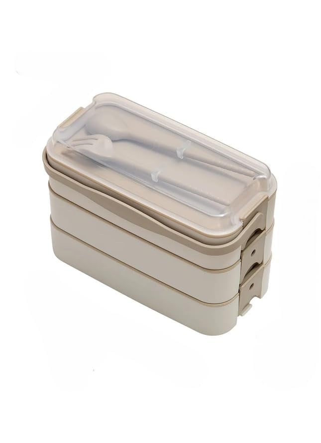 Orret Home 1260 ml 3 Katlı 6 Bölmeli BPA'sız PP Plastik Sefer Taşıma ve Beslenme Çantası, Kilitli Bento Lunch Box, Mikrodalgaya Uygun, Çatal ve Kaşık Dahil (Krem)