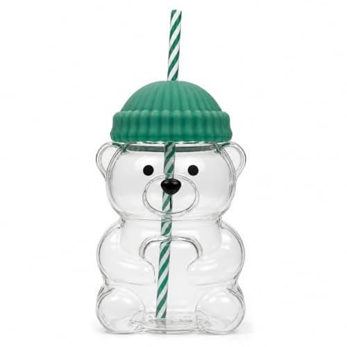 Orret Home 580 ML Ayıcık Desenli Cam Bardak Pipetli Silikon Kapaklı Soğuk Kahve Bardağı Şeffaf Cam Kupa Sevimli Ayıcık Bardak Bubble Tea Smoothie Milkshake Meyve Suyu İçecek Bardağı Çocuk ve Yetişkin
